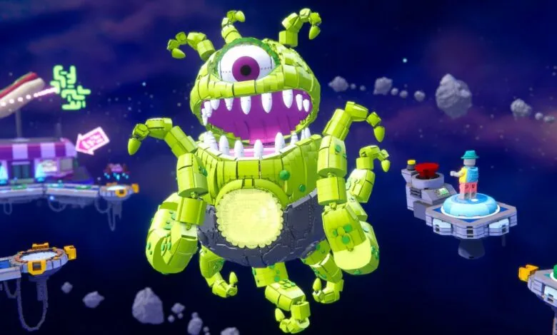 A large, green, one-eyed Lego monster with sharp teeth in a space setting.