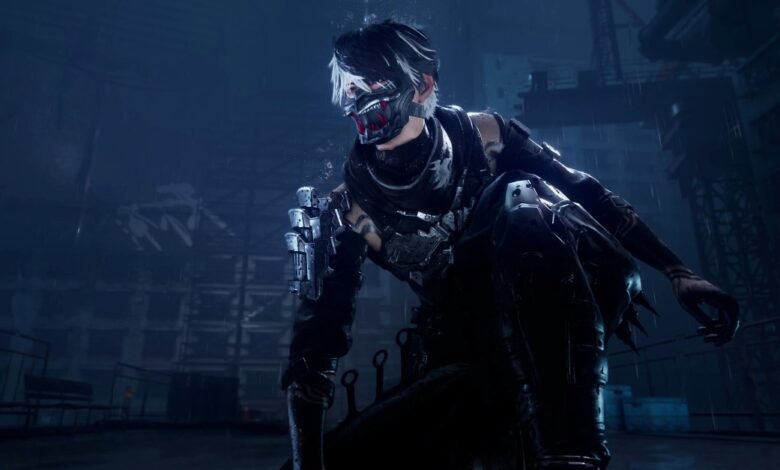A character with a mask and white hair crouches in a dark, rainy environment.