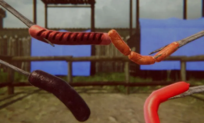 Four sausages on sticks, some grilled, some raw, in a rustic outdoor setting.