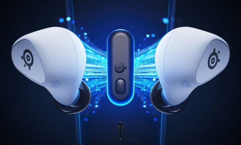 Pair of white SteelSeries gaming earbuds with a charging case against a blue, glowing background.