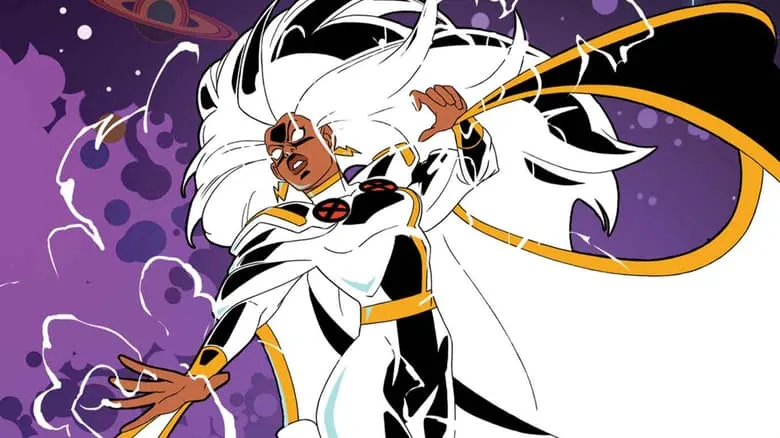 Illustration of Storm from X-Men with white hair and costume, summoning lightning.