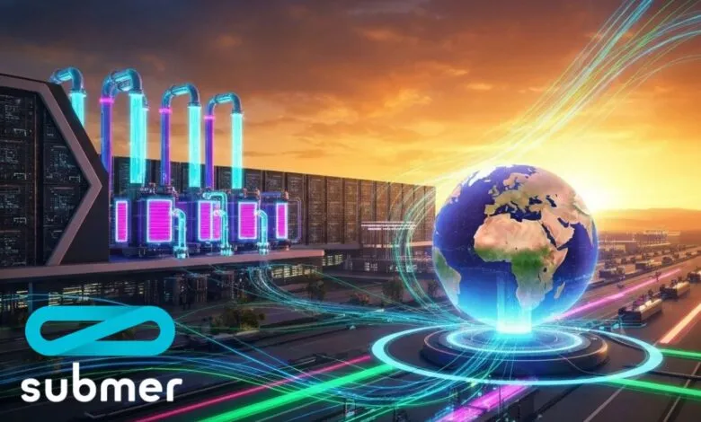 Futuristic data center with glowing pipes and a digital Earth, representing global connectivity.
