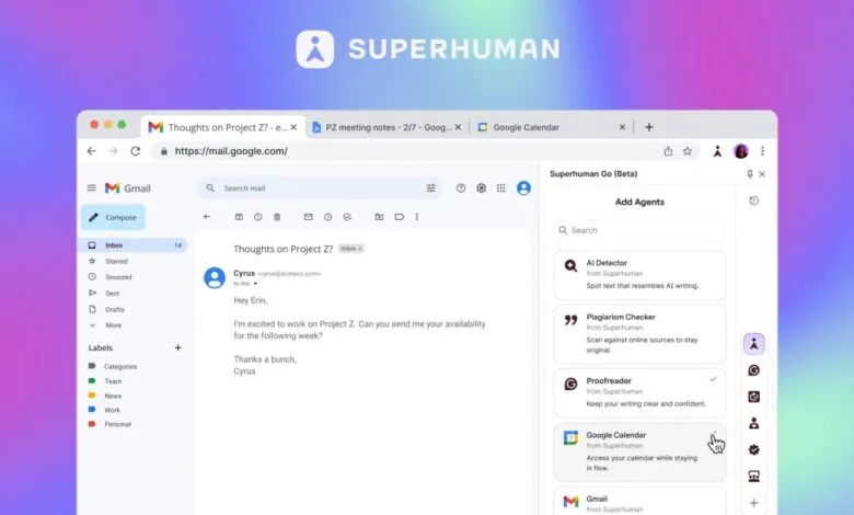 Screenshot of Superhuman Go beta interface showing Gmail and AI agents.
