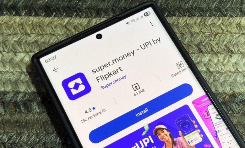 Close-up of a smartphone screen displaying the Super.money app page on the Google Play Store.