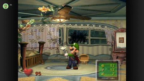 Luigi holding a flashlight in a spooky bedroom with a Game Boy Horror device.