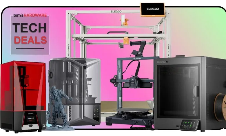 Collection of ELEGOO 3D printers and a 3D printed figure.