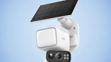 White Tapo solar-powered security camera with a black lens and IR lights