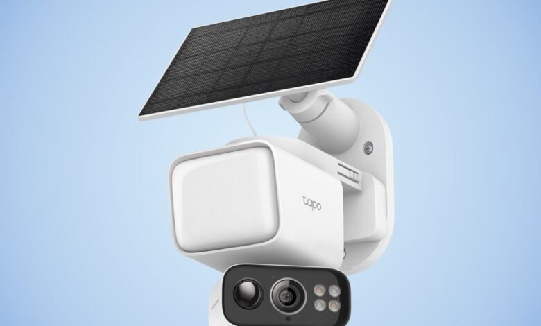 White Tapo solar-powered security camera with a black lens and IR lights