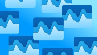 Abstract background with layered blue wave-like graphs.