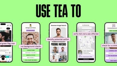 Screenshots of a mobile app called TEA showing features for background checks and safety verification.