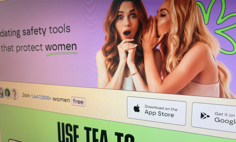 Two women sharing a secret on a dating app website promoting safety tools.