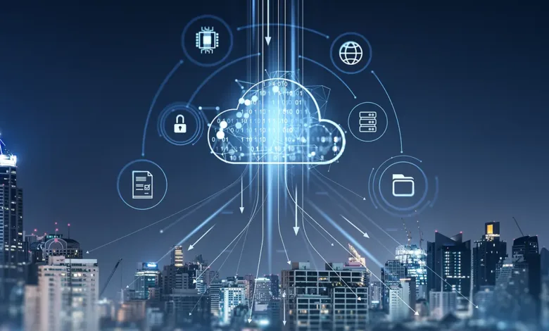 Digital cloud with data streams connecting to city skyline and tech icons.