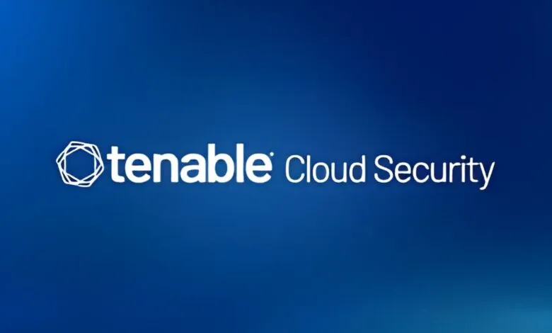 Tenable Cloud Security logo with a geometric icon and text on a blue background.