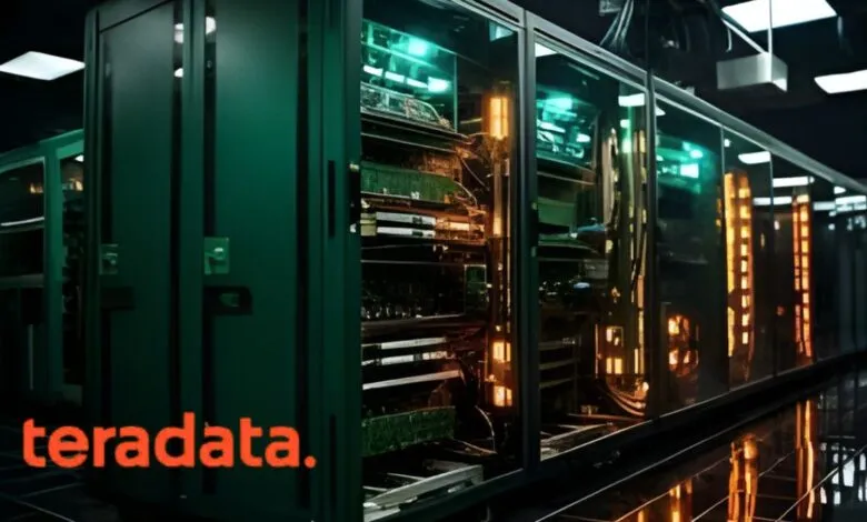 Rows of server racks with glowing green and orange lights in a data center.