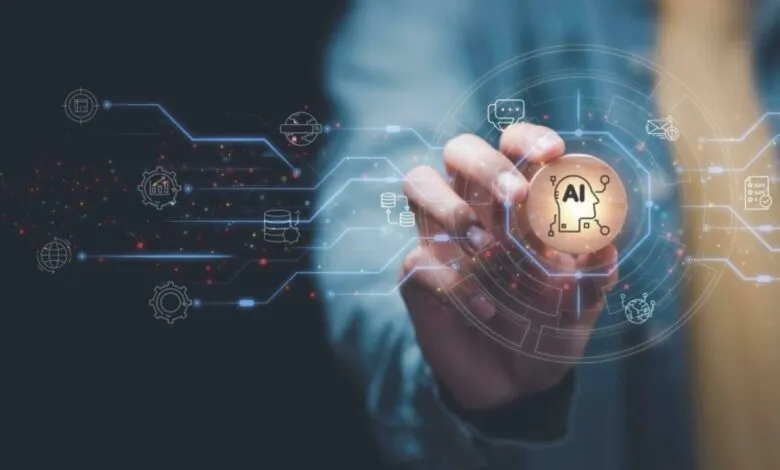 Hand holding a wooden coin with AI symbol, surrounded by digital network graphics.