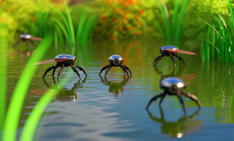 Small, spider-like robots walking on the surface of water.