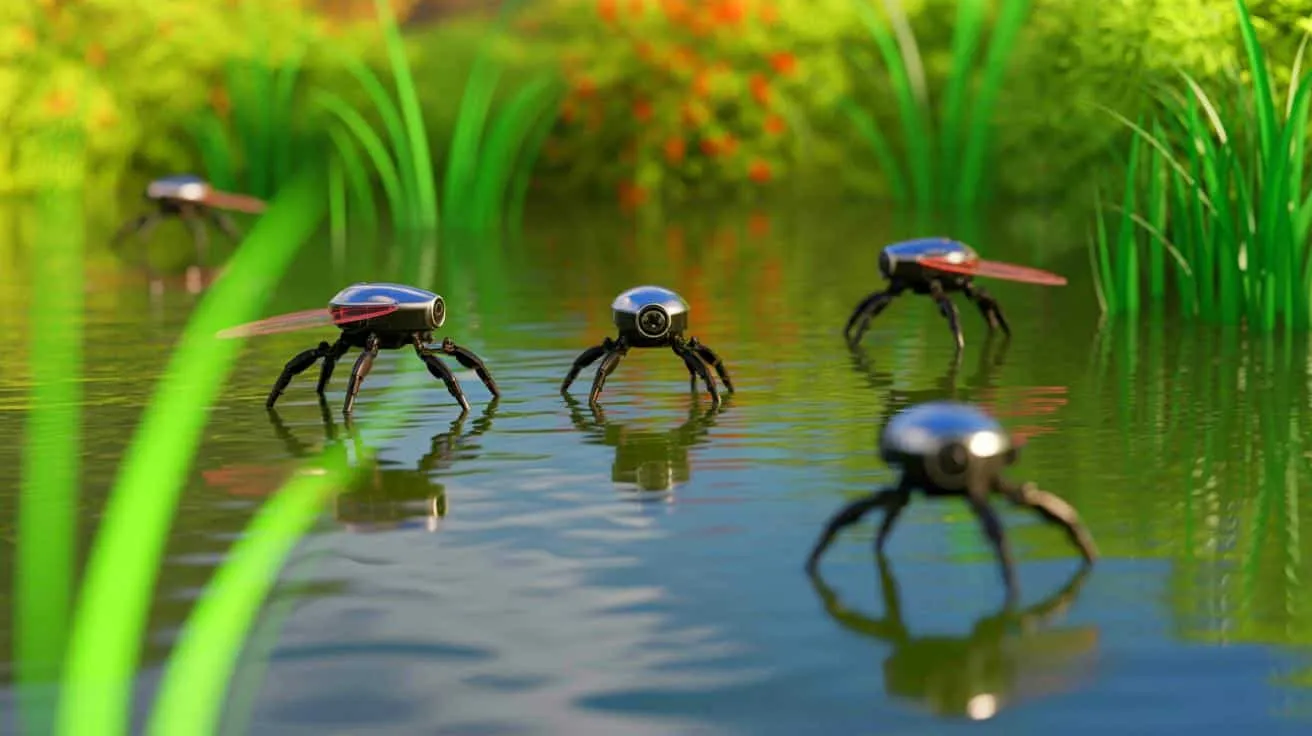 Small, spider-like robots walking on the surface of water.