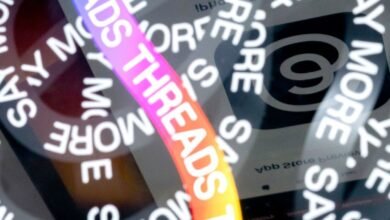 Close-up of the Threads app logo and interface with text overlays.