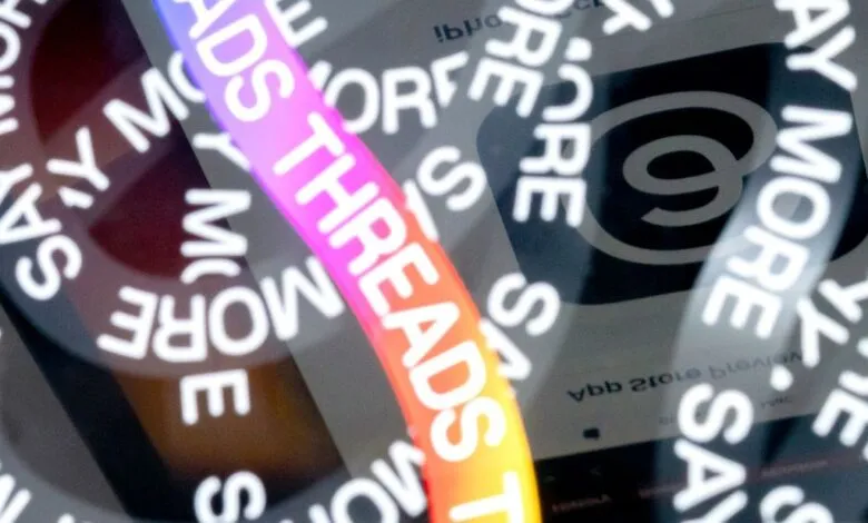 Close-up of the Threads app logo and interface with text overlays.