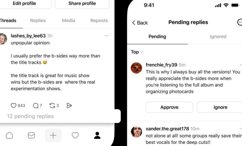 Screenshots of a social media app showing user posts and pending replies.