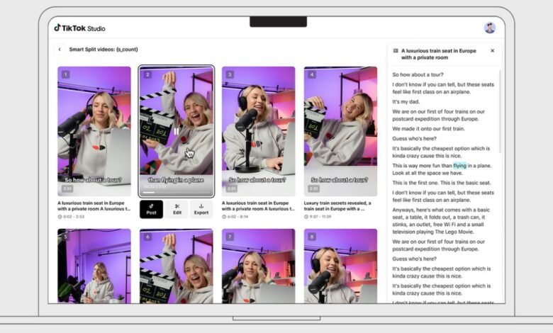 Woman using TikTok Studio to review video clips for a travel series.