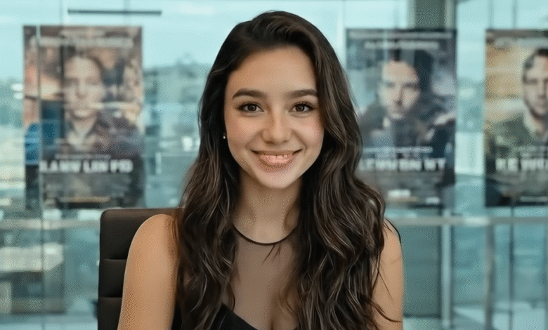 Young woman with long, wavy brown hair smiling at the camera in an office setting.