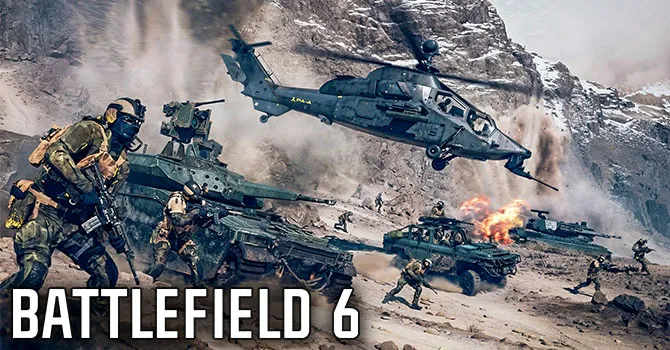 Soldiers in tactical gear advance with tanks and a helicopter during a chaotic battle.