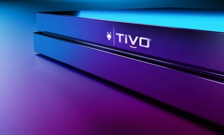 Close-up of a sleek, modern TiVo device with its logo illuminated.