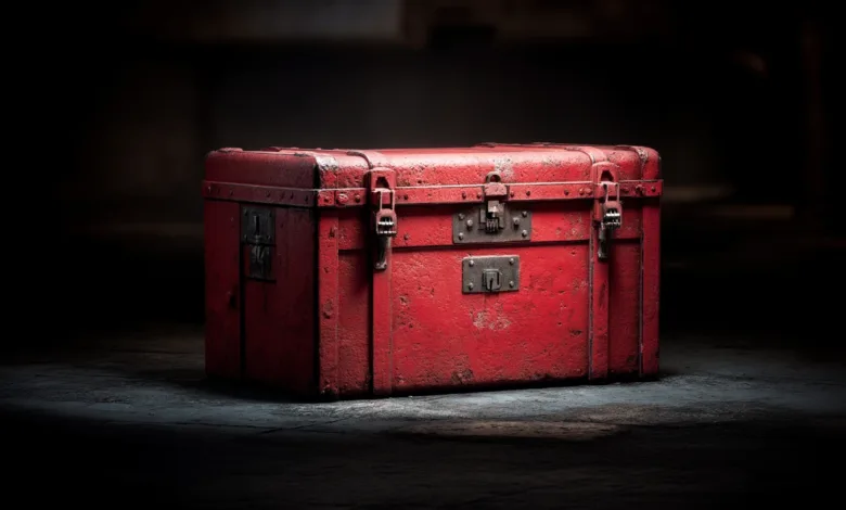 A weathered red metal chest with clasps and locks sits on a textured surface.