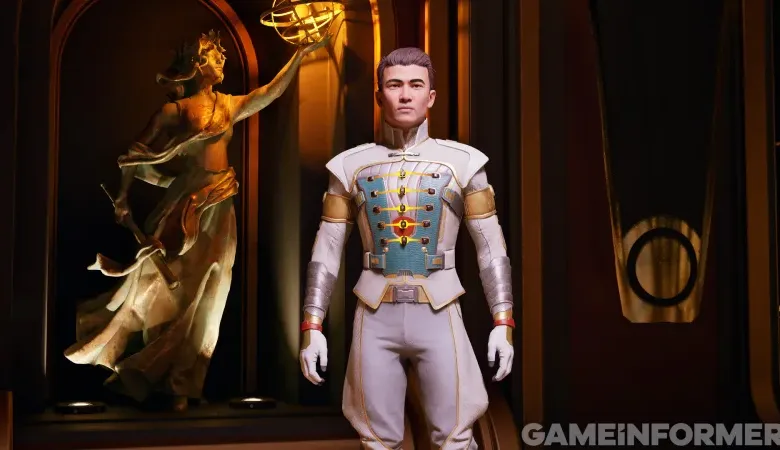 A man in a futuristic white and gold uniform stands next to a classical statue.