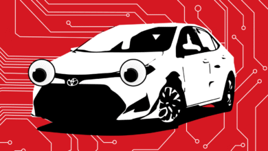 Stylized white car with googly eyes on a red circuit board background