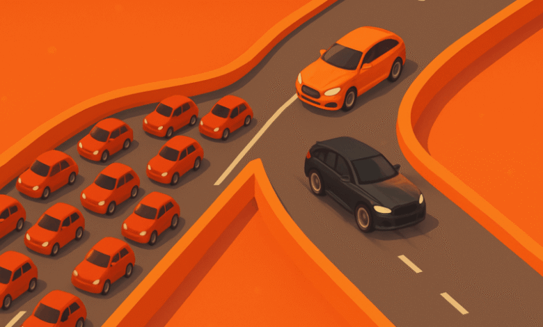 Illustration of a traffic jam with many orange cars and two cars on a separate lane.