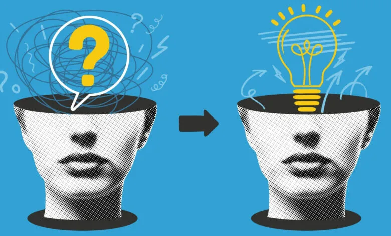 Illustration showing a head transforming from confusion to clarity with a lightbulb.