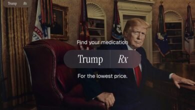 Donald Trump seated at a desk in the Oval Office, with text overlay advertising medication.