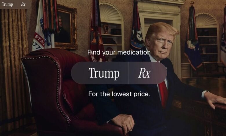 Donald Trump seated at a desk in the Oval Office, with text overlay advertising medication.