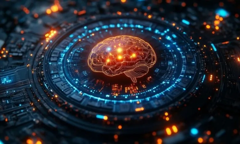 Abstract digital brain with glowing circuits and nodes, representing artificial intelligence.