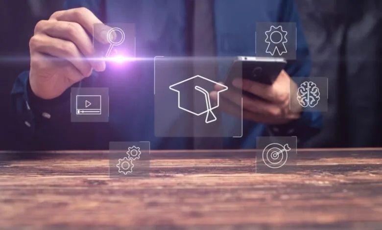 Person using a smartphone with digital icons for education, search, and goals floating around.