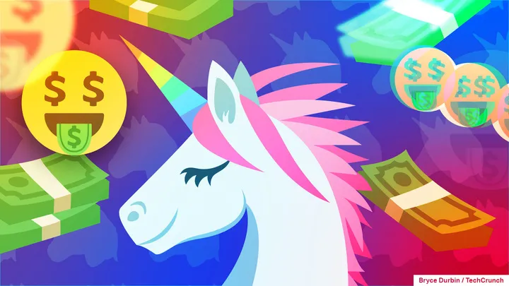 A stylized unicorn surrounded by stacks of money and dollar sign emojis.