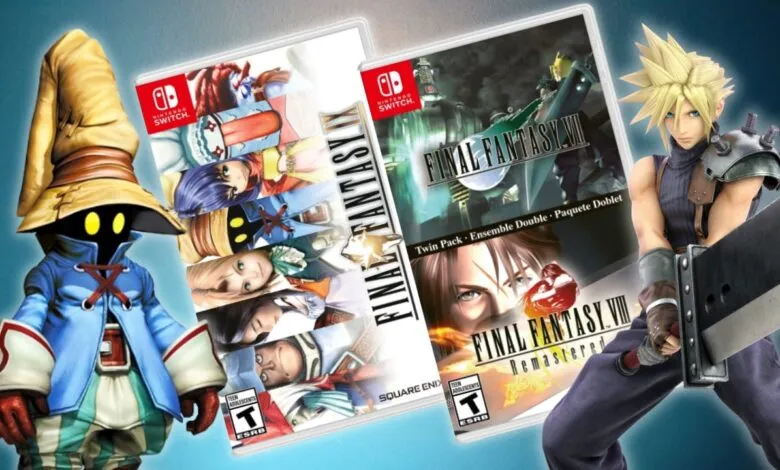 Vivi Ornitier and Cloud Strife with Final Fantasy IX and VII game cases for Nintendo Switch