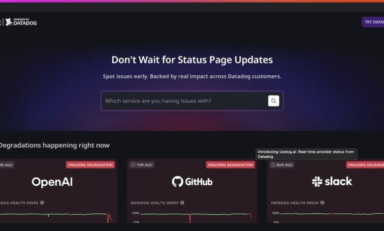 Updog.ai dashboard showing ongoing degradations for OpenAI, GitHub, and Slack.