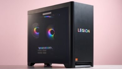 Black Lenovo Legion gaming PC with RGB lighting and GeForce RTX 5070 GPU.