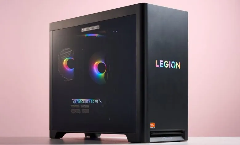 Black Lenovo Legion gaming PC with RGB lighting and GeForce RTX 5070 GPU.