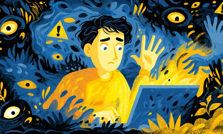 Man looking stressed at a laptop surrounded by abstract, monstrous shapes and eyes.