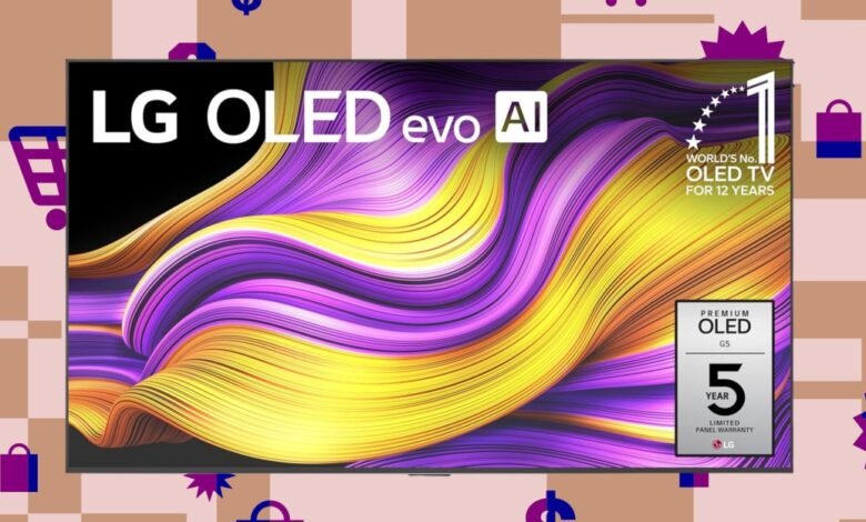 LG OLED evo AI television with vibrant abstract display and warranty information.