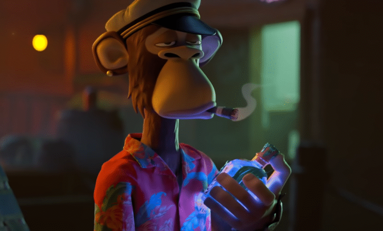 Animated ape wearing a captain's hat and Hawaiian shirt, smoking a cigar and holding a glowing bottle.