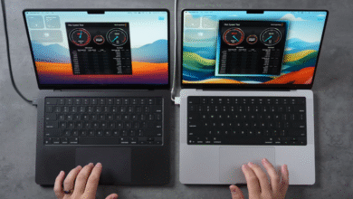 Two MacBook Pros side-by-side, each running a disk speed test application.