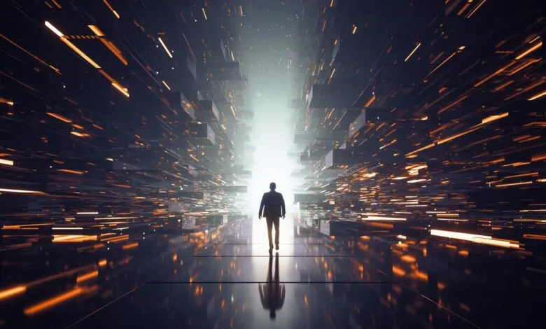 Silhouette of a man walking towards a bright light in a futuristic digital corridor.