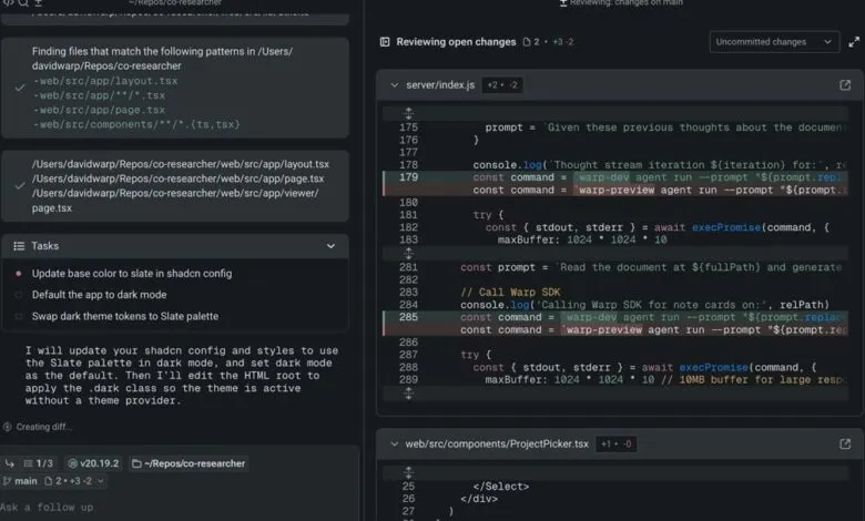 Developer reviewing code changes in a dark mode IDE, showing file paths and task list.