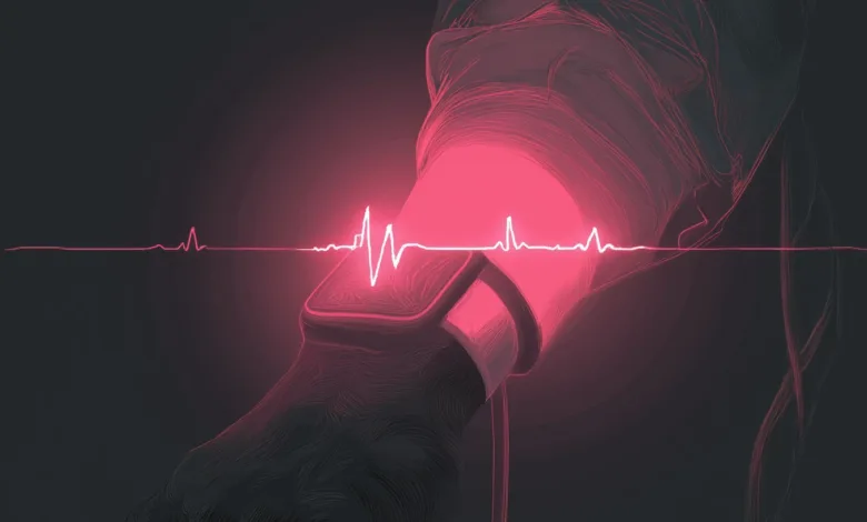 Close-up of a wrist wearing a smartwatch displaying a glowing pink electrocardiogram.