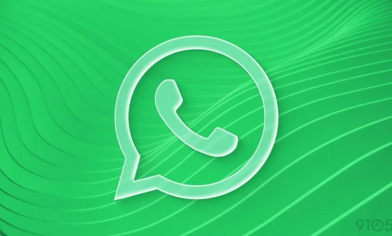 The WhatsApp logo with a glowing outline on a green wavy background.
